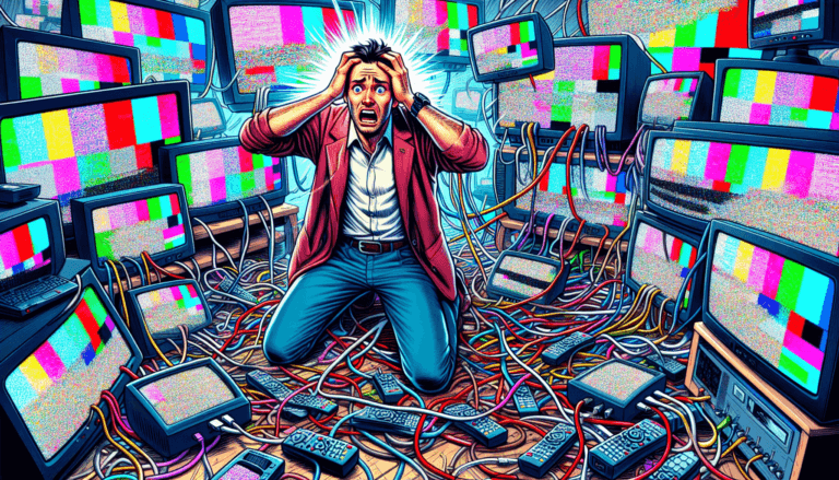 A frustrated customer surrounded by tangled cables and glitchy screens, illustrating the consequences of choosing an unreliable IPTV seller.