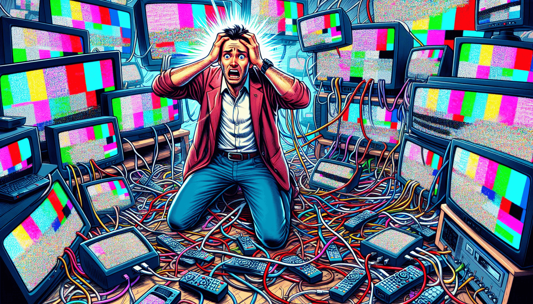 A frustrated customer surrounded by tangled cables and glitchy screens, illustrating the consequences of choosing an unreliable IPTV seller.